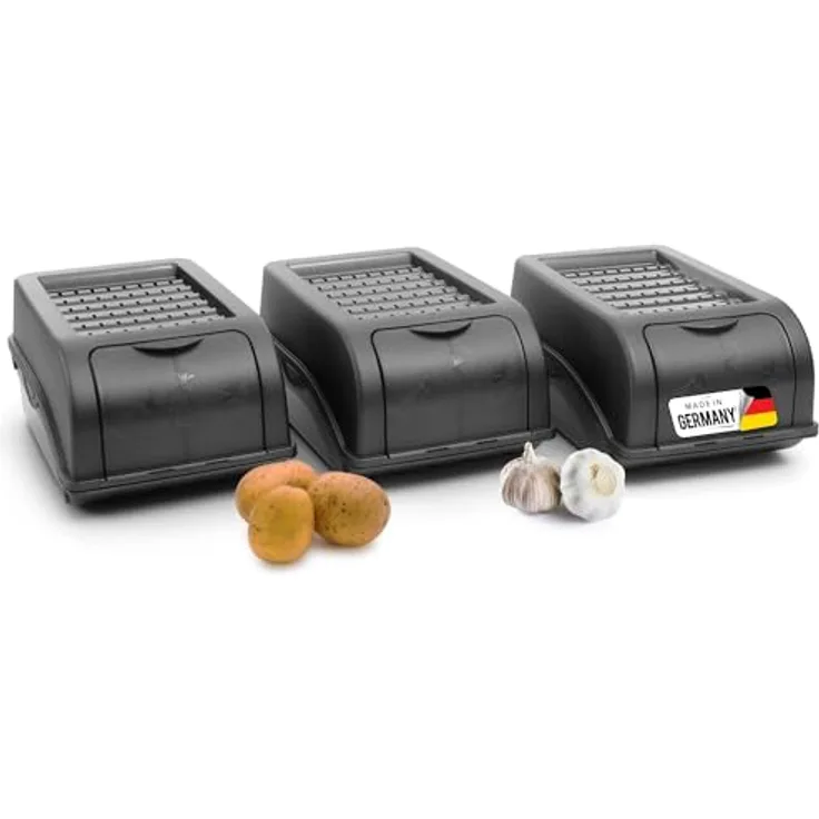 Novaliv Kartoffel Aufbewahrungsbox | 3x klein 3,5L | ANTHRAZIT GRAU | Luftzirkulation für längere Haltbarkeit | Stapelbarer Gemüsebehälter