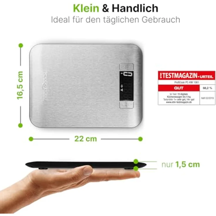 ProfiCook PC-KW 1061 digitale Küchenwaage mit großem LCD-Display, Wiegefläche aus Edelstahl, Tara-Funktion, Abschaltautomatik – Bild 3