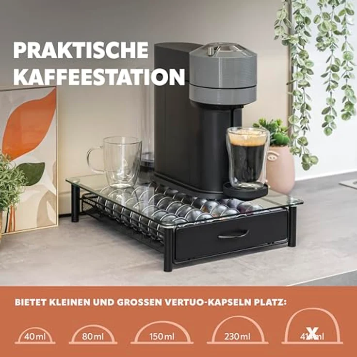 eluno Kapselhalter für 40x Nespresso Vertuo, Schubladenbox mit Glas-Maschinenständer aus Metall und Glasplatte, transparent, ca. 33,5 x 9 x 41 cm (B/H/T) – Bild 5