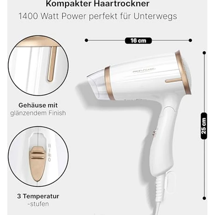 ProfiCare PC-HT 3009 Kompakter Haartrockner, platzsparende Aufbewahrung durch Klappgriff, 2 Temperatur--Leistungsstufen weiß-champagner – Bild 2