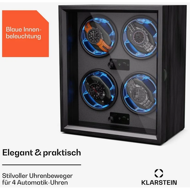 Klarstein Uhrenbeweger Brienz 4, Uhrenboxen Uhrenkasten Uhrenbeweger 4 Uhr, Automatik-Uhrenbeweger mit Acryl-Tür, Blaue LEDs, 4 TPD Einstellungen