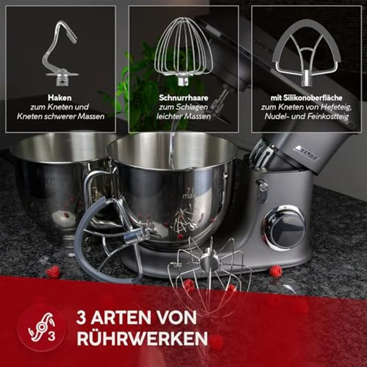 MPM Planetarische Küchenmaschine MPM-2600, 2600W mit zwei 7L Edelstahl-Rührschüsseln, umfangreichem Zubehör, anthrazit – Bild 5