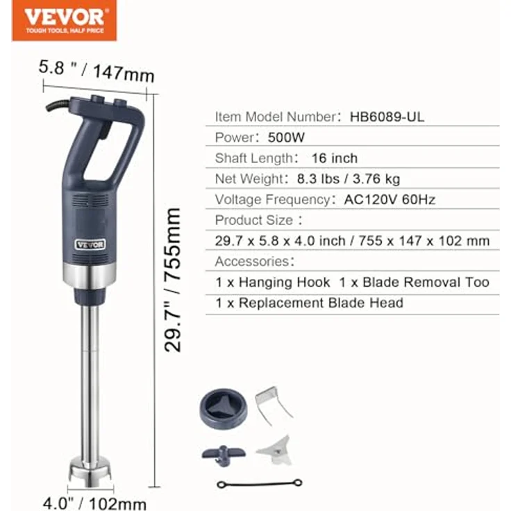 VEVOR Kommerzieller Stabmixer, 500 W Hochleistungs-Handmixer mit 16 Zoll Edelstahlklinge und variabler Geschwindigkeit, tragbarer Mixer für Suppen und Saucen – Bild 7