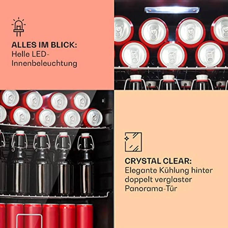 Klarstein Mini Kühlschrank 60L, Getränkekühlschrank mit Glastür & LED, leise, wetterfest, 3-10°C, 2 Ablagen, Edelstahl – Bild 4