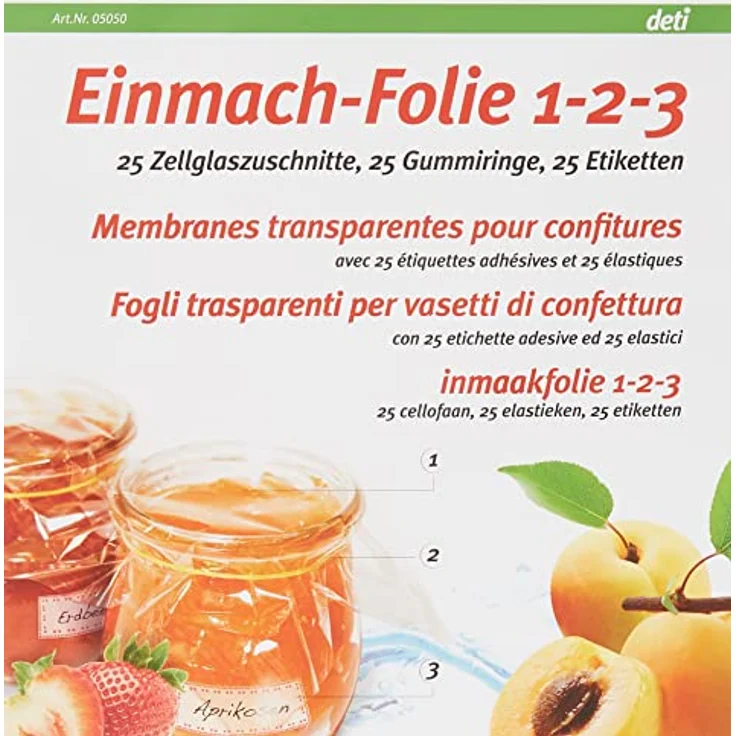 Rechberger Einmachfolie, 25 Stück Zellglaszuschnitte mit Gummiringen und selbstklebenden Etiketten – Bild 2