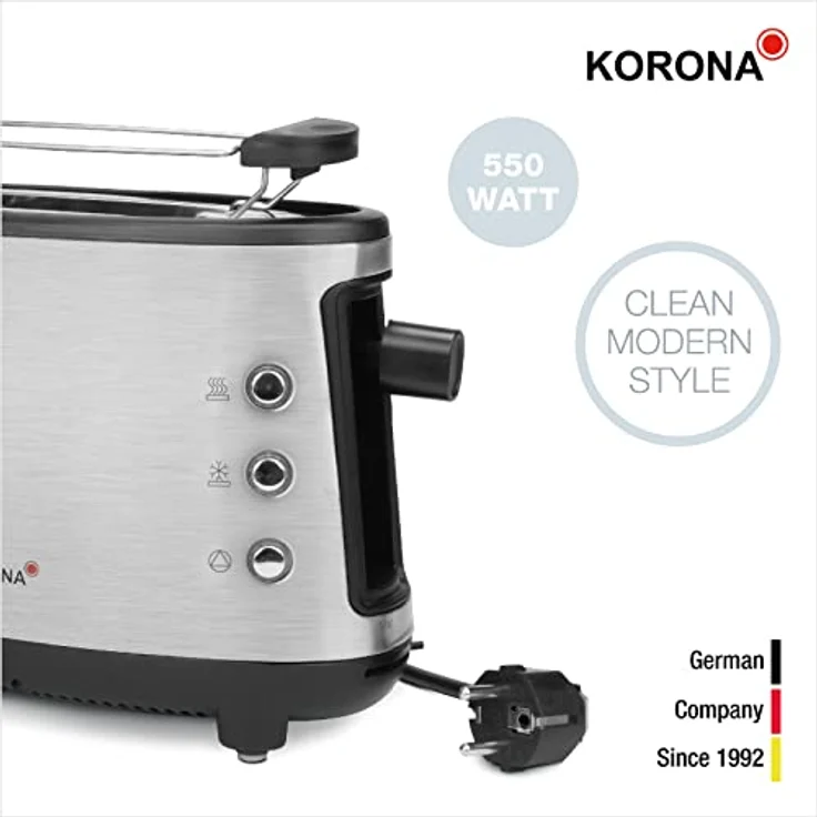 Korona Single 1-Scheiben-Toaster, 550W, inkl. Brötchenaufsatz, Auftau- und Aufwärmfunktion, platzsparend, Edelstahl, schwarz – Bild 2
