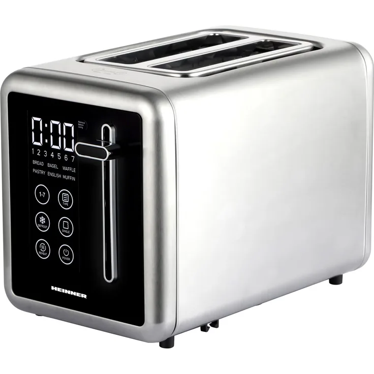 Heinner HTP-DD900BKSS, Toaster mit 2 Scheiben, 900 W, schwarz, Edelstahl, LCD-Bedienung, Aufwärm- und Auftaufunktion, Brötchenaufsatz