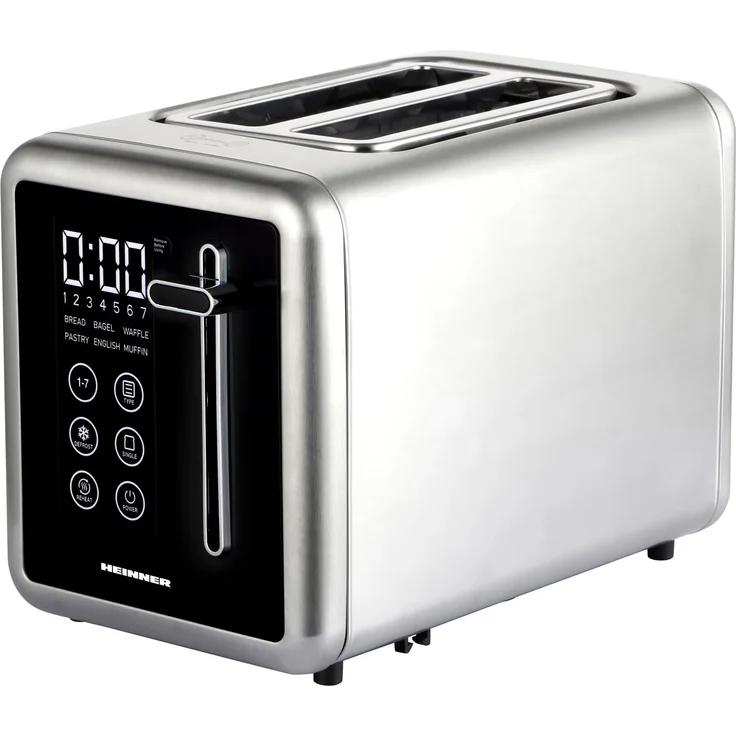 Heinner HTP-DD900BKSS, Toaster mit 2 Scheiben, 900 W, schwarz, Edelstahl, LCD-Bedienung, Aufwärm- und Auftaufunktion, Brötchenaufsatz