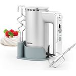 Petra PT5250VDEEU10 Handmixer mit Aufbewahrungshalterung - elektrischer Handrührer Schneebesen mit 5 Geschwindigkeiten and Turbo-Funktion, inkl. 2 Rührbesen/2 Knethaken, Schlagen/Kneten, 300 W, silber