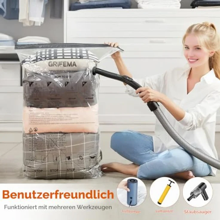 GRIFEMA GH83 Vakuumbeutel Set, 12 Stück in 4 Größen (Small bis Extra Large) inkl. Handpumpe, feuchtigkeitsbeständig und platzsparend für Textilien – Bild 4