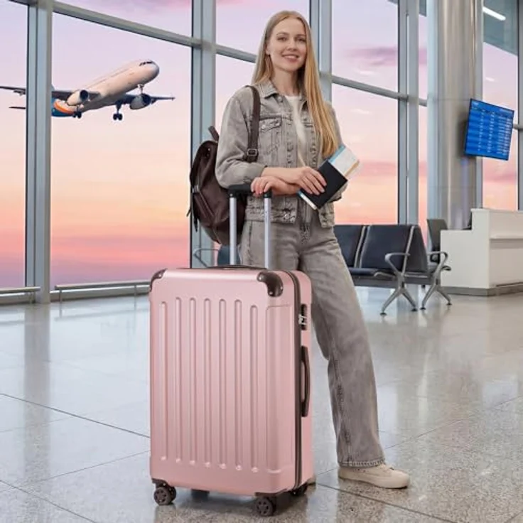 YONSLY Gepäck Suitcase Reisekoffer, Hartschalenreisekoffer XL in Roségold mit 360° Lenkrollen, Zahlenschloss und mehrstufigem Teleskopgriff – Bild 2