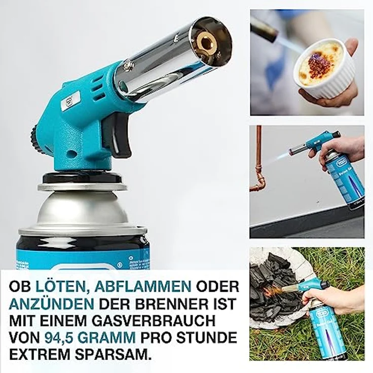 TOM GB-227 Lötbrenner, Flambierbrenner Set mit 1300°C Flammentemperatur, Piezozündung, optional 4x 224g Gaskartuschen – Bild 4