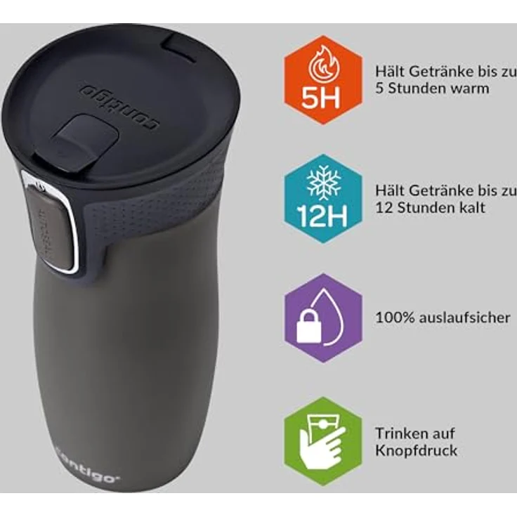 Contigo Thermobecher West Loop Autoseal, Edelstahl Isolierbecher, Kaffebecher to go, auslaufsicher, spülmaschinenfester Deckel BPA-frei, 470 ml , Gunmetal , 470 ml – Bild 3