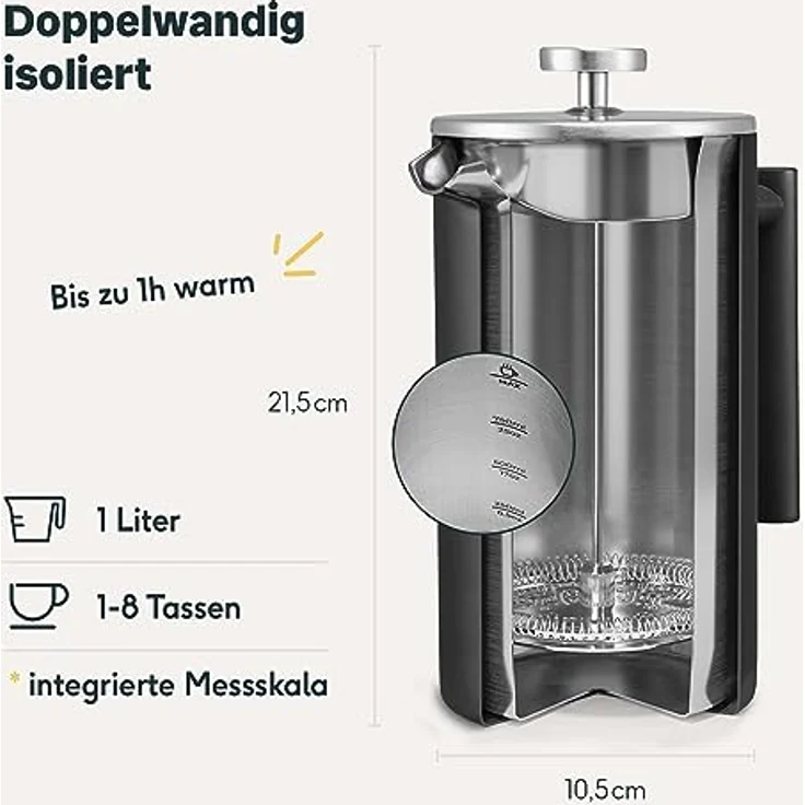 SILBERTHAL French Press Thermo 1 Liter - Kaffeebereiter Edelstahl - Doppelwandig isolierte Kaffeepresse - Ideal fürs Camping, Schwarz – Bild 3