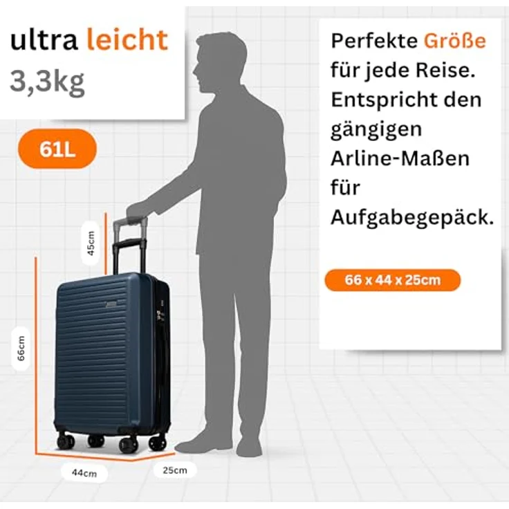 NOWI Koffer L 61L – Hartschalen-Reisekoffer mit 4 Rollen und Zahlenschloss, mittelgroß, leicht, Navy Blau – Bild 3