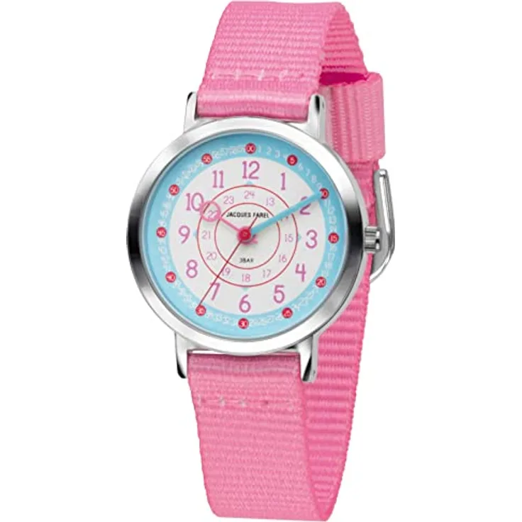 JACQUES FAREL Happy Learning Kinder-Armbanduhr Lernuhr Mädchen Rosa Analog Quarz Metall Textilband KOP 04