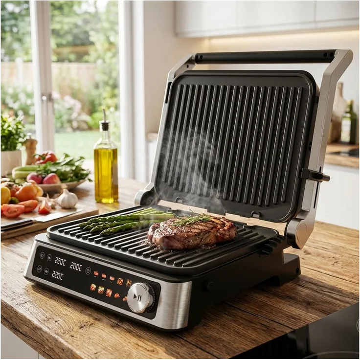 Casativo Kontaktgrill 2000W, Elektro-Kontaktgrill mit Farbdisplay, 2 getrennten Zonen, 180° Öffnung, für Steak und mehr
