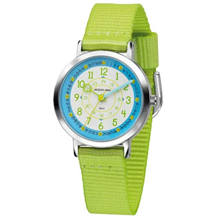 JACQUES FAREL Happy Learning Kinder-Armbanduhr Lernuhr Jungen 24h Analog Quarz Metall Textilband Grün KOP 05