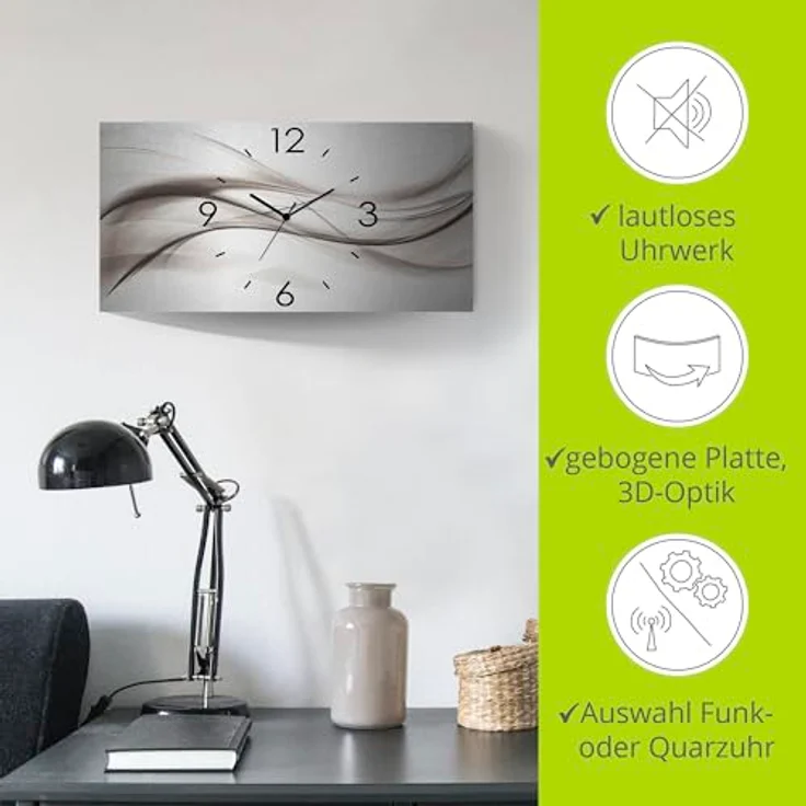 ARTLAND Wanduhr ohne Tickgeräusche Alu Funkuhr 50x25 cm Eckig Lautlos 3D Design Kunst Welle Abstrakt Modern Silber K5ZO – Bild 2