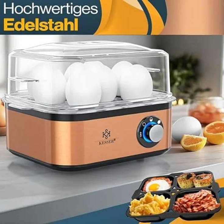KESSER® Eierkocher NEU 500W für 1 bis 8 Eier aus Edelstahl mit Warmhaltefunktion, LED-Drehschalter, drei Härtegraden, BPA-frei & spülmaschinenfest, inkl. Messbecher, Eierhalter & Kupfer-Omelettschale – Bild 3