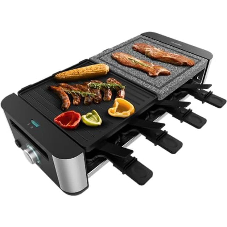 Cecotec Raclette Cheese&Grill 16000 Inox MixGrill, 1400 W für 8 Personen, einstellbares Thermostat, 2 Platten (Aluminiumguss & Naturstein), inklusive 8 Pfannen und 8 Spatel. – Bild 1