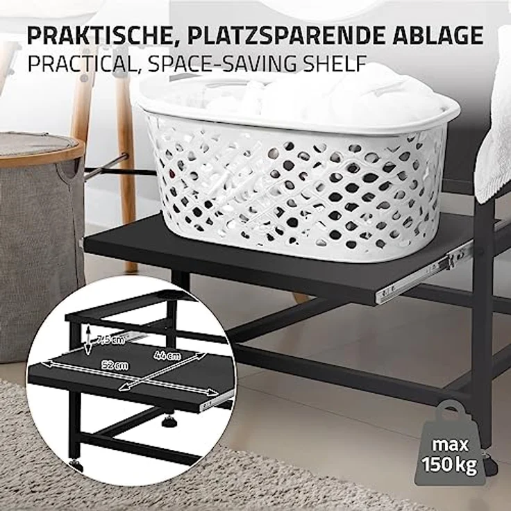 ML DESIGN modern living Waschmaschinen-Untergestell mit ausziehbarer Ablage, Schwarz, Stahl, bis 150kg, höhenverstellbare Füße, 62,5x53,5x45 cm, Trocknersockel Podest Unterschrank Erhöhung – Bild 3