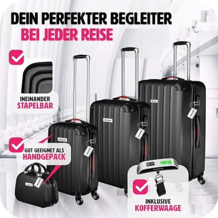 tectake® 4-teiliges Reisekoffer Kofferset inkl. Kofferwage und Gepäckanhänger, 360° Rollen, Hartschalenkoffer mit Zahlenschloss, Koffer groß, ineinander stapelbar, Trolley Handgepäck - schwarz – Bild 4