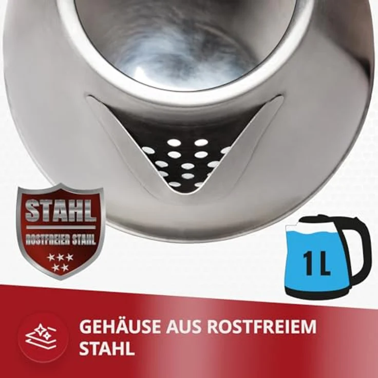 MPM MCZ-84M Elektrischer Wasserkocher, 1600 W, 1 Liter, 0 Dezibel, Edelstahl, silber – Bild 4