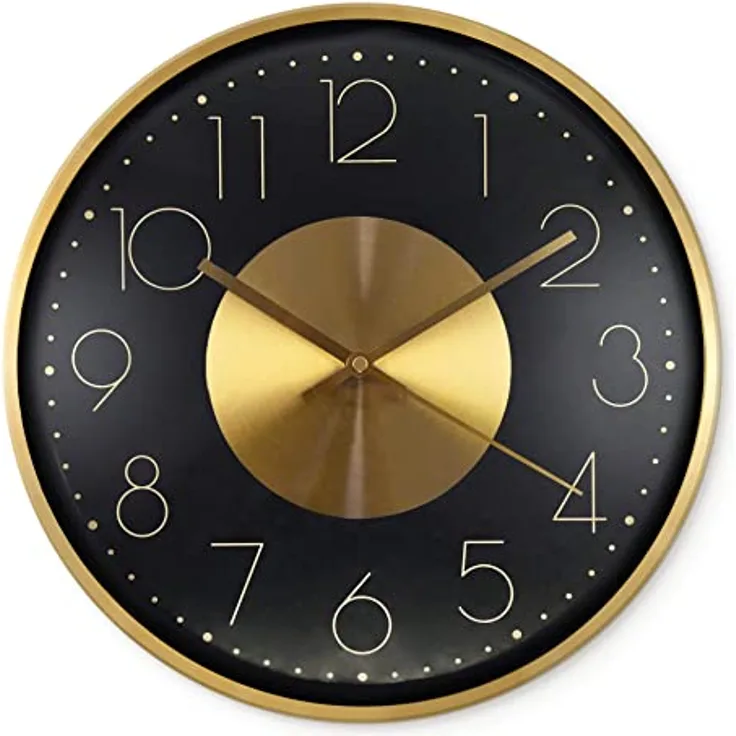 K&L Wall Art Goldene Aluminium Wanduhr 30cm Durchmesser ohne Tickgeräusche lautlose Feng Shui Deko Gold Schwarz