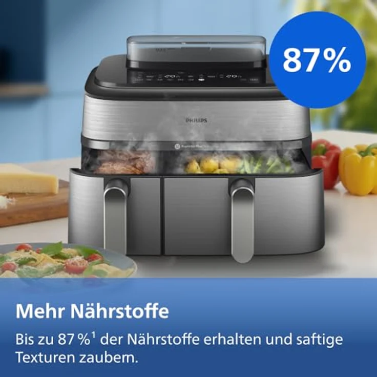 Philips Heißluftfritteuse 5000 Series NA555/00, Dual Basket mit Steam, 9L Kapazität, 2750 W, RapidAir Plus Technologie, Dampfreinigung, HomeID App, Silber – Bild 11
