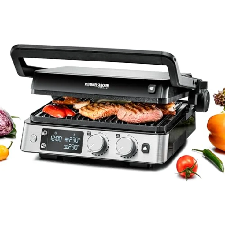 Rommelsbacher Kontaktgrill KG 2025, Kontakt- und Flächengrill mit keramischer Antihaftbeschichtung, getrennt regelbare Grillflächen, Temperaturregelung in 15 Stufen, Fettablauf, Wechselplatten – Bild 1