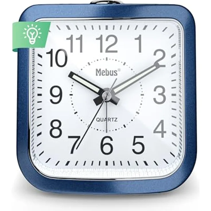 Mebus Quarzwecker Modell 26158, geräuscharm ohne Ticken, Leuchtzeiger, Alarm mit Snooze-Funktion, Zifferblattbeleuchtung, Farbe: Blau