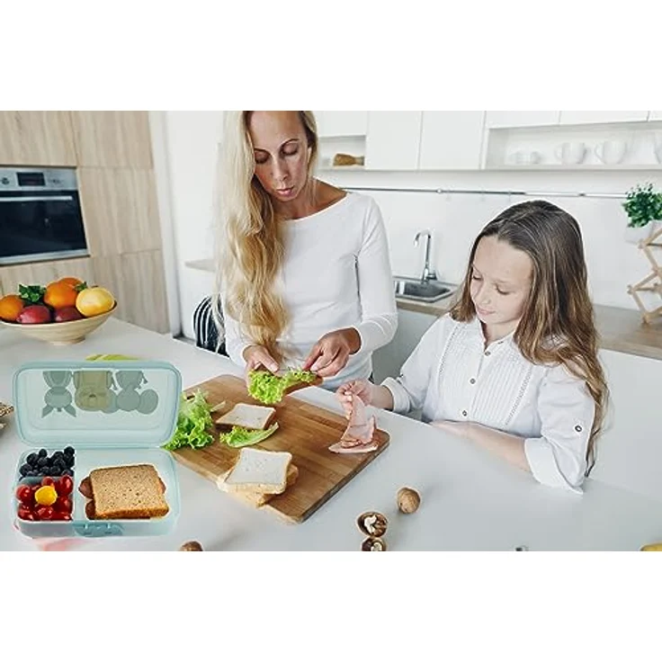 Brotdose Kinder mit Fächern 2er Set, Lunchbox Kinder mit Trennfächern und Clickverschluss, Bento Box Kinder Brotzeitbox, 100% Recyclebar Frühstücksbox ohne BPA, Weiß/Mint, Model: 3friends – Bild 5