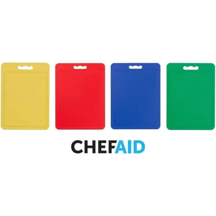 Chef Aid Schneidebretter-Set, 4 Stück, farbcodierte rutschfeste Kunststoffbretter mit Griff, lebensmittelecht und spülmaschinengeeignet, 35 × 25 cm – Bild 4