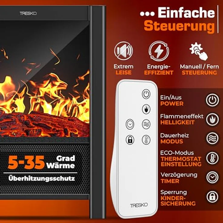 TRESKO Elektrokamin, Heizstrahler mit 2000W, WiFi App, Fernbedienung und LCD-Display, schwarz – Bild 6
