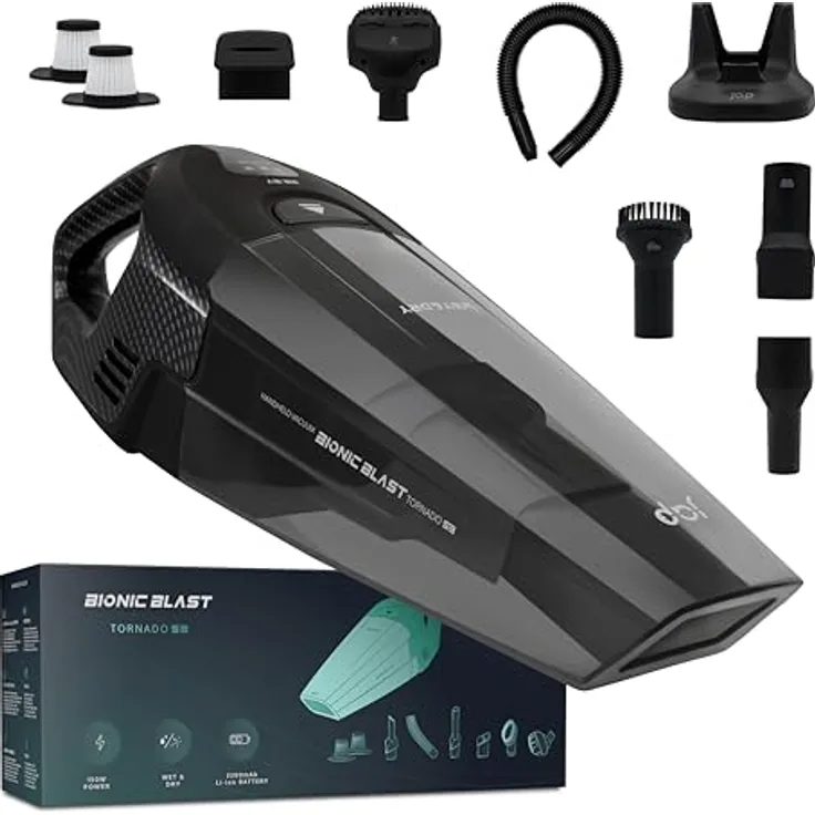 JAP Handstaubsauger Akku S3C - Beutellos Kabellos 10000pA 22.2V - Nass Trocken - 5 Aufsätze Haustiere Auto - Carbon
