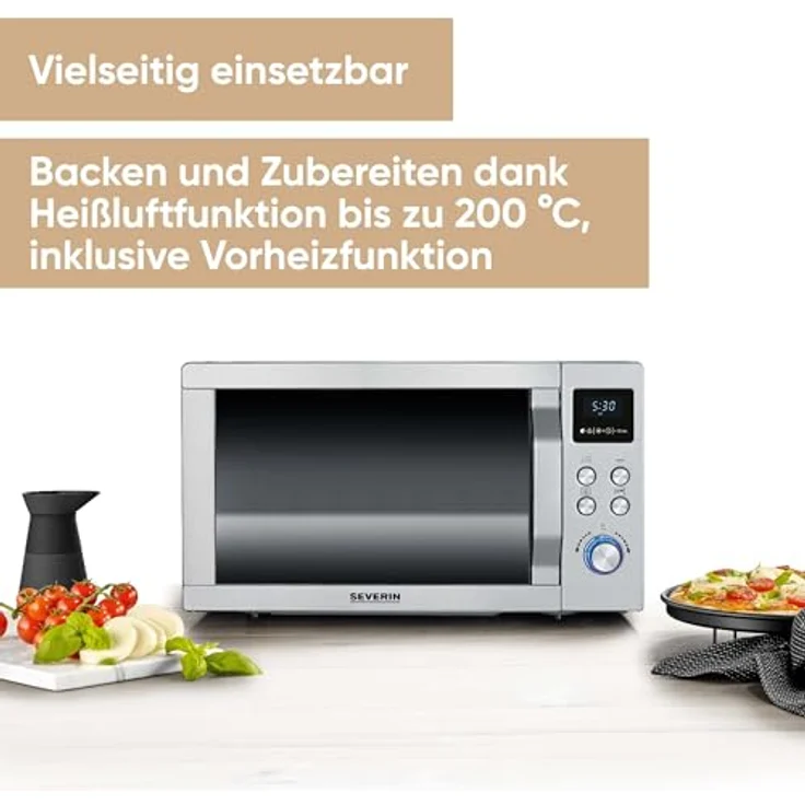 Severin MW 7774 Mikrowelle, 25 Liter Garraum, 900 Watt, mit Grill, Heißluft, Auftauprogramm, Display, silber – Bild 2