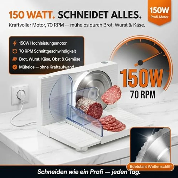 Sommertal Allesschneider AS170 150W Edelstahlmesser mit Wellenschliff, 0-15mm, klappbar, elektrische Schneidemaschine Brotschneidemaschine weiß – Bild 3