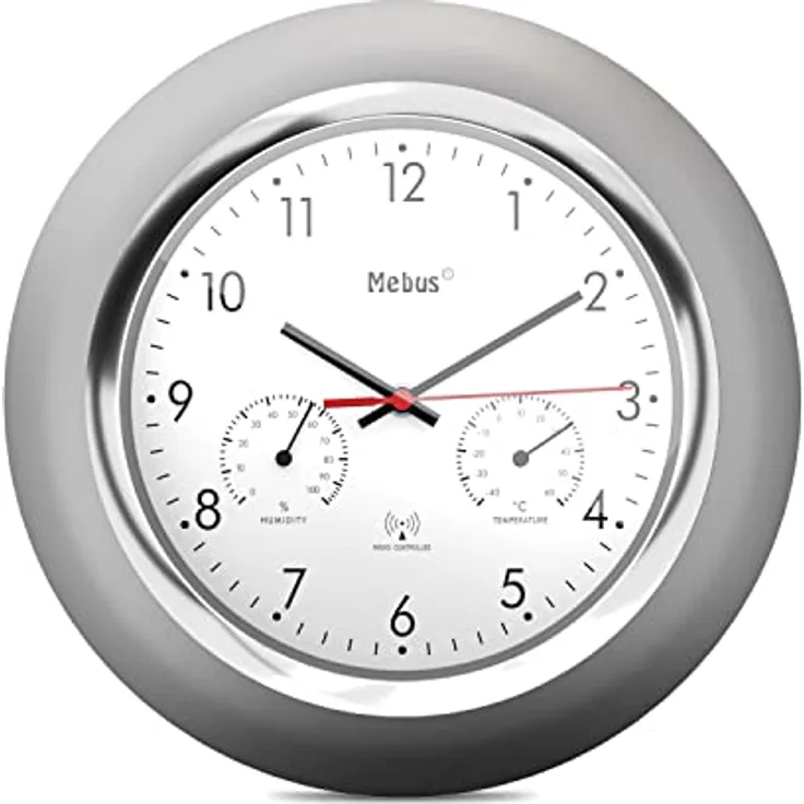 Mebus Funk-Wanduhr mit Thermometer und Hygrometer/silberner Rahmen/weißes Zifferblatt / 24cm Durchmesser/Rund/Modell: 19454 / Farbe: Silber, Weiß