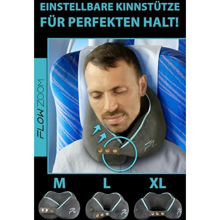 FLOWZOOM Comfy Nackenkissen Flugzeug - Nackenhörnchen Erwachsene - Nackenkissen Auto - Reisekissen Memory Foam - waschbar mit schmalem Rückenteil (samtweich & atmungsaktiv) - einstellbar, grau – Bild 3