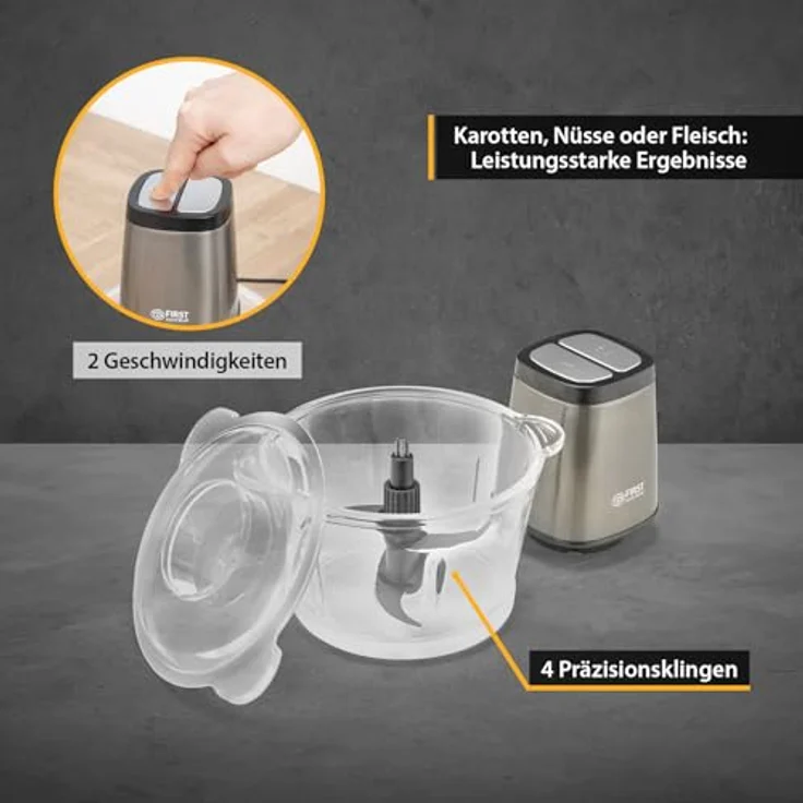 TZS First Austria Zerkleinerer, 1.7L Glasbehälter, 500W, 2 Geschwindigkeitsstufen, Edelstahl, Silber, Anti-Slip-Boden – Bild 4