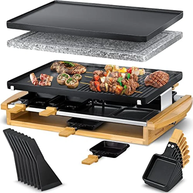 KESSER® Raclette-Grill mit Naturgrillstein, Grillplatte Tischgrill für 8 Personen, Elektrogrill Raclette Grill antihaftbeschichteter Grillplatte, 8 Pfannen und Holzspatel 1200W – Bild 1