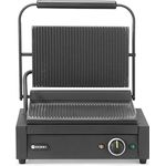 HENDI Kontaktgrill, Elektrogrill mit gerillter Grillfläche 340x235mm, Temperatur bis 300°C, inkl. Grillreinigungsbürste, Edelstahl schwarz