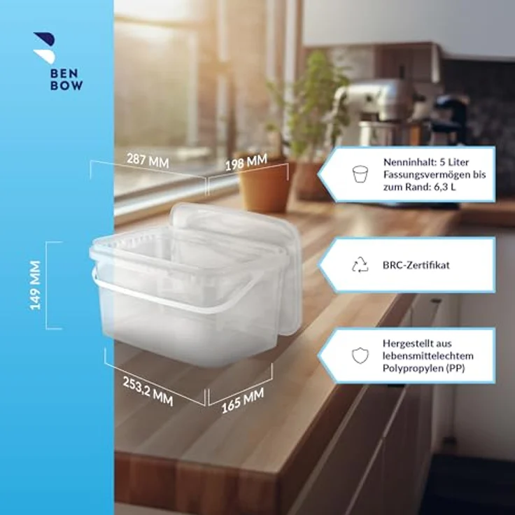 BenBow Rechteckiger Eimer mit Deckel 5L 100 Stk., Transparent BSR-, Luftdicht, Lebensmittelecht, BRC- – Bild 2