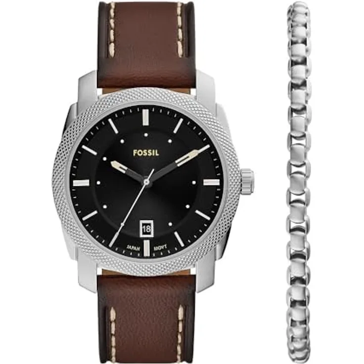 Fossil Herren Analog Quarz Uhr mit Leder Armband FS6081SET, 42mm Gehäuse, schwarz/braun