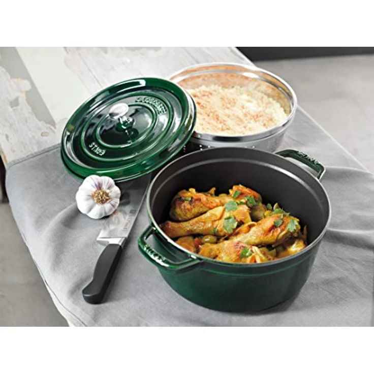 STAUB Gusseisen Bräter-Cocotte, mit Dämpfeinsatz, rund 26 cm, 5,2 L, basilikum - grün – Bild 7