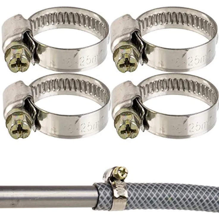 Profi Schlauchschellen mit Schneckenantrieb, Spannbereich 16-25 mm, 4er Pack, aus W2 Stahl, mit Kreuzschlitz, 9 mm Bandbreite, Siphonanschluss fixieren Waschmaschine, Schlauchklemmen Spülmaschine