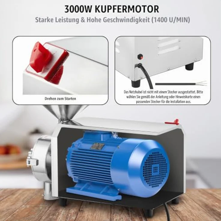 VEVOR Sojabohnenmühle 2200 W, industrielle Edelstahl-Mahlmaschine für Gewürze, 50 kg/h, einstellbare Pulverfeinheit, 605 x 290 x 460 mm – Bild 3