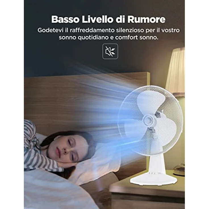 Midea Tischventilator, 3 Geschwindigkeitsstufen, mechanische Steuerung, 80° Oszillation, neigbar, weiß – Bild 4