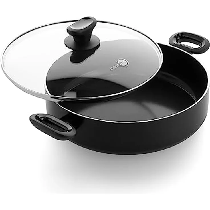 GreenPan Torino Gesunde antihaftbeschichtete Keramik 28cm/4,2 Liter Schmorpfanne mit Deckel, PFAS-frei, Induktion, Backofenfest bis 160°C, spülmaschinenfest, Schwarz